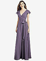 Front View Thumbnail - Lavender Flutter Sleeve Faux Wrap Chiffon Dress