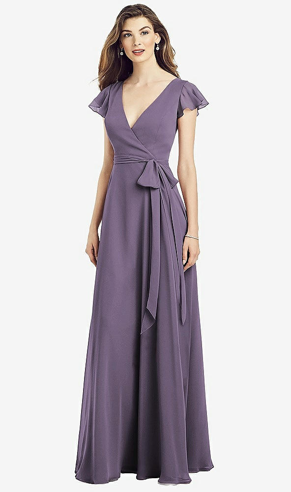 Front View - Lavender Flutter Sleeve Faux Wrap Chiffon Dress