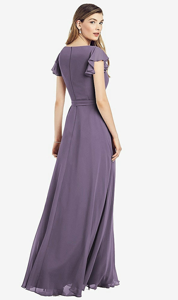 Back View - Lavender Flutter Sleeve Faux Wrap Chiffon Dress