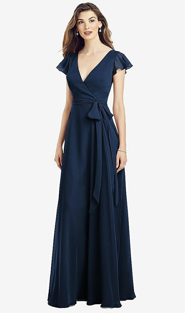 Front View - Midnight Navy Flutter Sleeve Faux Wrap Chiffon Dress