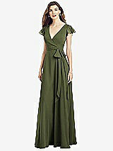 Front View Thumbnail - Olive Green Flutter Sleeve Faux Wrap Chiffon Dress