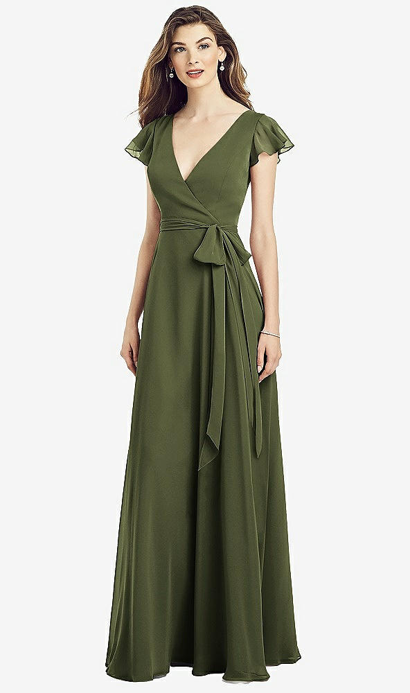Front View - Olive Green Flutter Sleeve Faux Wrap Chiffon Dress