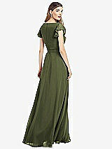 Rear View Thumbnail - Olive Green Flutter Sleeve Faux Wrap Chiffon Dress