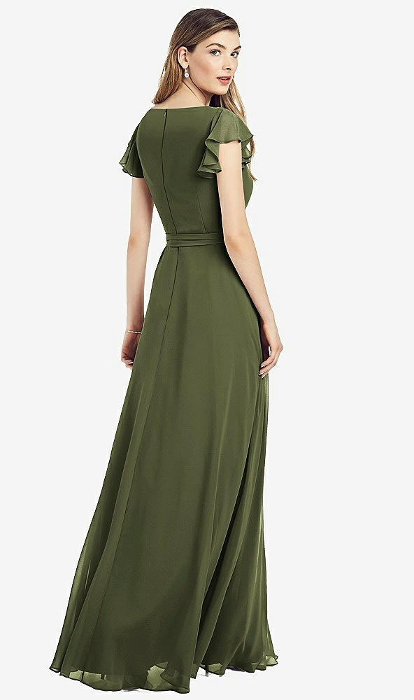 Back View - Olive Green Flutter Sleeve Faux Wrap Chiffon Dress