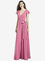 Front View Thumbnail - Orchid Pink Flutter Sleeve Faux Wrap Chiffon Dress