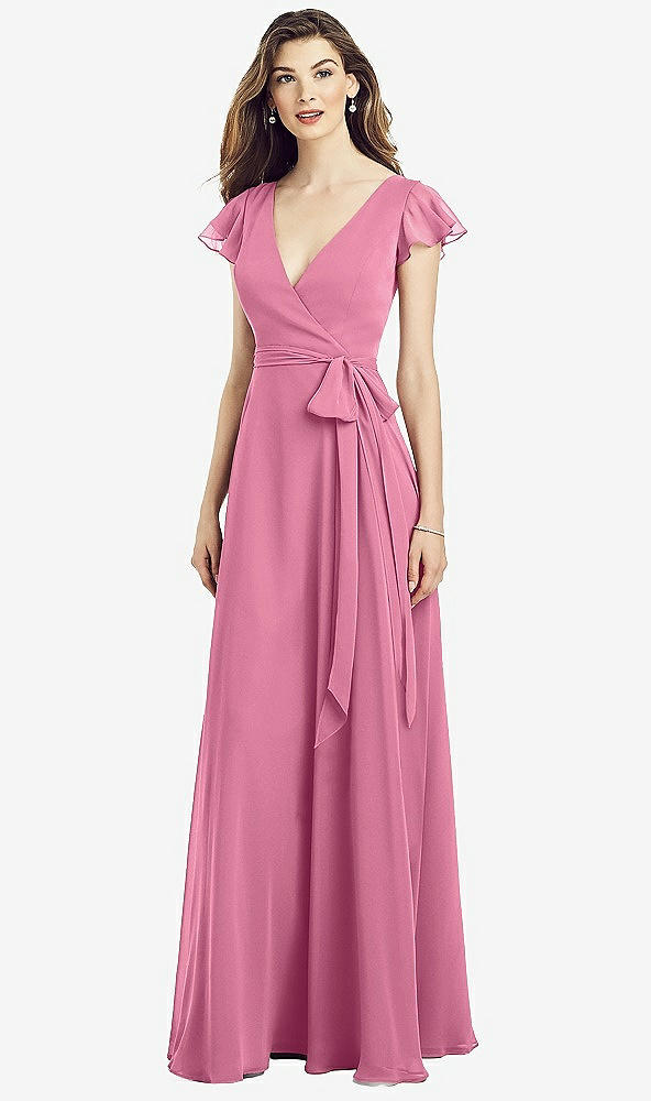 Front View - Orchid Pink Flutter Sleeve Faux Wrap Chiffon Dress