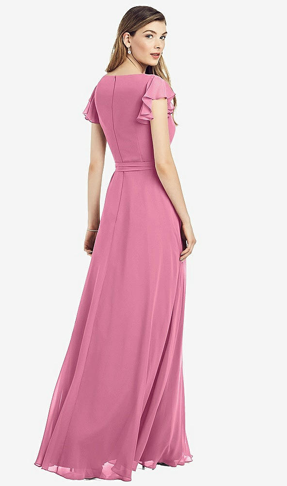 Back View - Orchid Pink Flutter Sleeve Faux Wrap Chiffon Dress