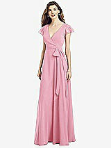 Front View Thumbnail - Peony Pink Flutter Sleeve Faux Wrap Chiffon Dress