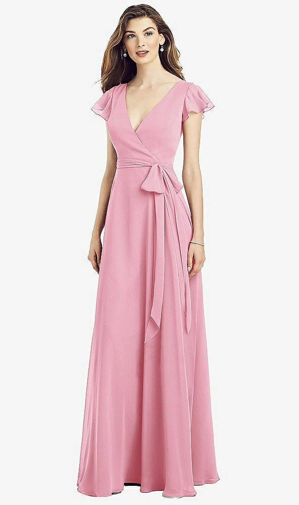 Front View - Peony Pink Flutter Sleeve Faux Wrap Chiffon Dress
