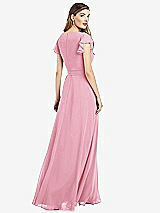 Rear View Thumbnail - Peony Pink Flutter Sleeve Faux Wrap Chiffon Dress