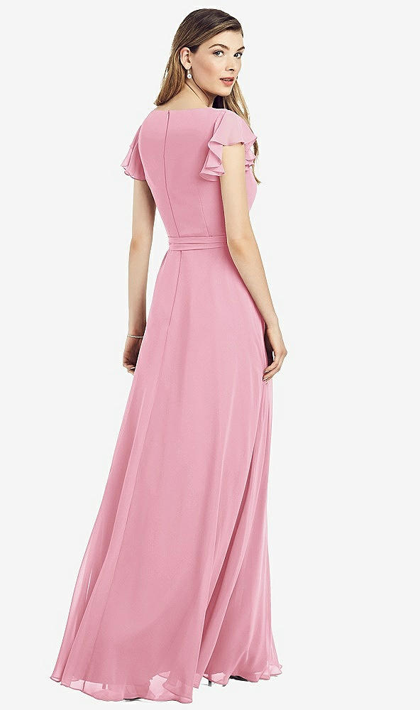 Back View - Peony Pink Flutter Sleeve Faux Wrap Chiffon Dress