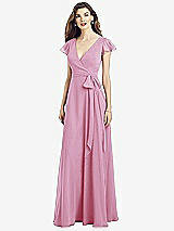 Front View Thumbnail - Powder Pink Flutter Sleeve Faux Wrap Chiffon Dress
