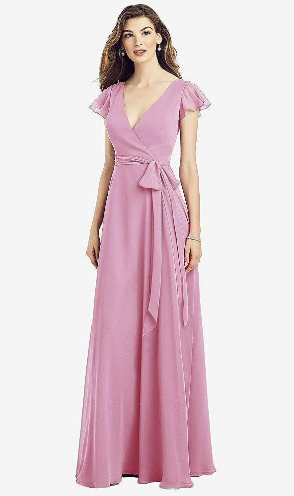 Front View - Powder Pink Flutter Sleeve Faux Wrap Chiffon Dress