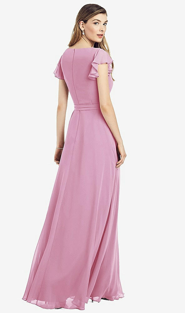 Back View - Powder Pink Flutter Sleeve Faux Wrap Chiffon Dress