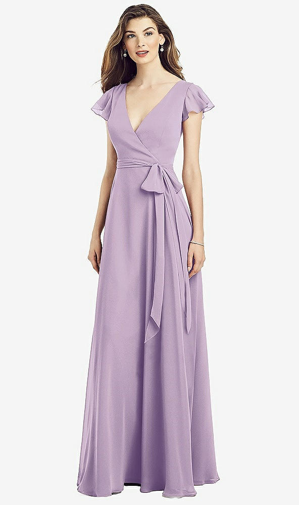 Front View - Pale Purple Flutter Sleeve Faux Wrap Chiffon Dress