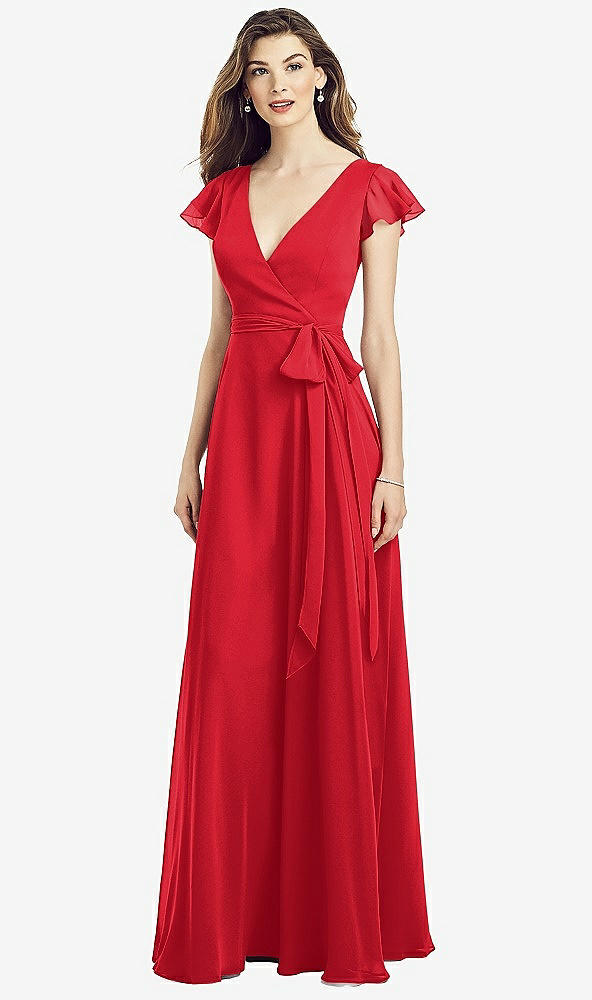Front View - Parisian Red Flutter Sleeve Faux Wrap Chiffon Dress