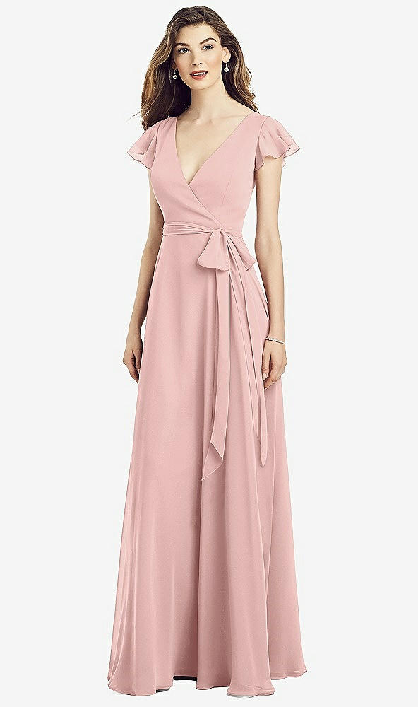 Front View - Rose - PANTONE Rose Quartz Flutter Sleeve Faux Wrap Chiffon Dress