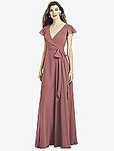 Front View Thumbnail - Rosewood Flutter Sleeve Faux Wrap Chiffon Dress