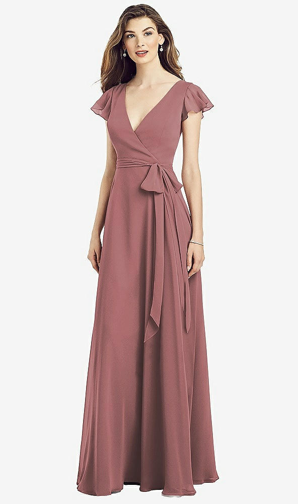 Front View - Rosewood Flutter Sleeve Faux Wrap Chiffon Dress