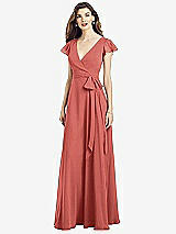 Front View Thumbnail - Coral Pink Flutter Sleeve Faux Wrap Chiffon Dress