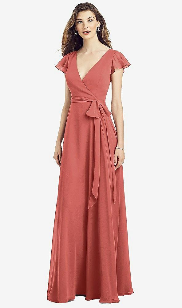 Front View - Coral Pink Flutter Sleeve Faux Wrap Chiffon Dress