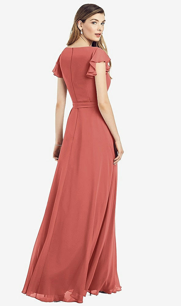 Back View - Coral Pink Flutter Sleeve Faux Wrap Chiffon Dress