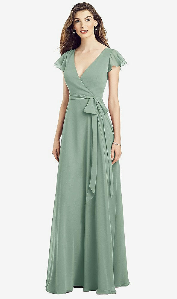 Front View - Seagrass Flutter Sleeve Faux Wrap Chiffon Dress