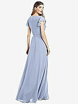 Rear View Thumbnail - Sky Blue Flutter Sleeve Faux Wrap Chiffon Dress