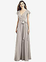 Front View Thumbnail - Taupe Flutter Sleeve Faux Wrap Chiffon Dress