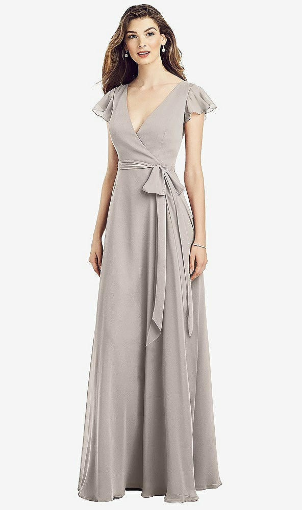 Front View - Taupe Flutter Sleeve Faux Wrap Chiffon Dress