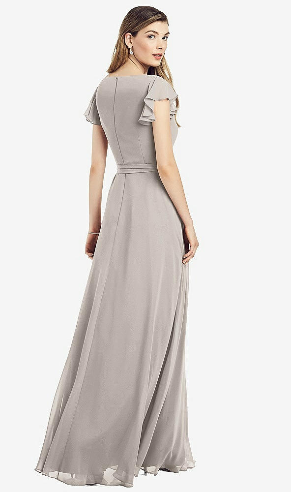 Back View - Taupe Flutter Sleeve Faux Wrap Chiffon Dress