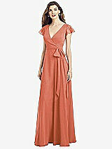 Front View Thumbnail - Terracotta Copper Flutter Sleeve Faux Wrap Chiffon Dress