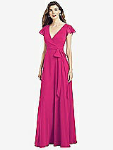 Front View Thumbnail - Think Pink Flutter Sleeve Faux Wrap Chiffon Dress