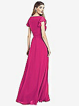 Rear View Thumbnail - Think Pink Flutter Sleeve Faux Wrap Chiffon Dress