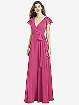 Front View Thumbnail - Tea Rose Flutter Sleeve Faux Wrap Chiffon Dress