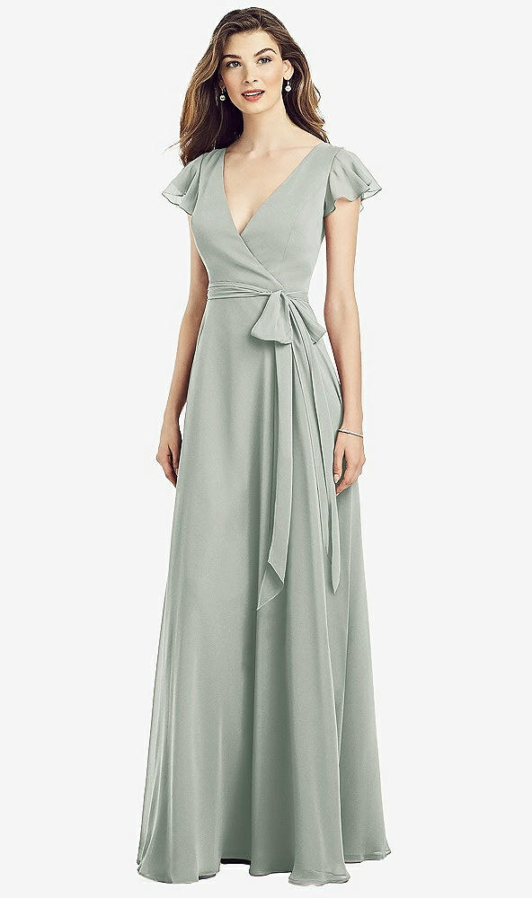 Front View - Willow Green Flutter Sleeve Faux Wrap Chiffon Dress