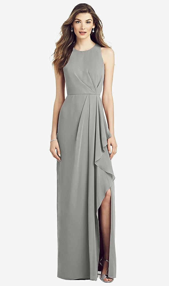 Front View - Chelsea Gray Sleeveless Chiffon Dress with Draped Front Slit