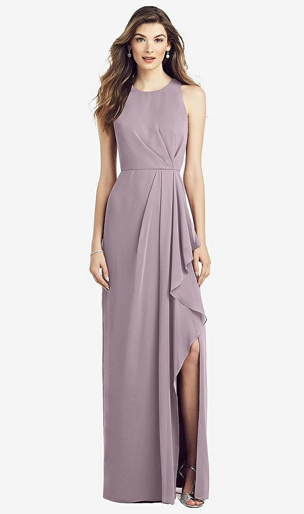 Front View - Lilac Dusk Sleeveless Chiffon Dress with Draped Front Slit