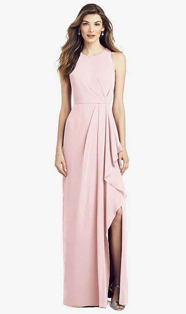 Front View - Ballet Pink Sleeveless Chiffon Dress with Draped Front Slit