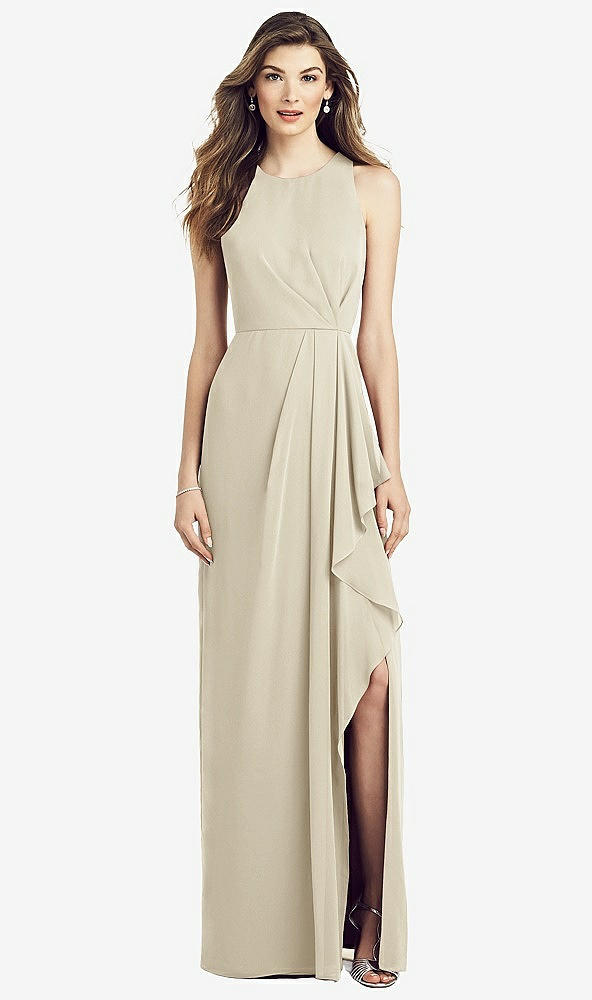Front View - Champagne Sleeveless Chiffon Dress with Draped Front Slit