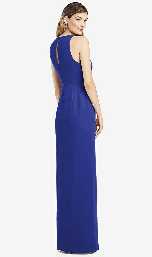 Back View - Cobalt Blue Sleeveless Chiffon Dress with Draped Front Slit