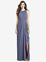 Front View Thumbnail - French Blue Sleeveless Chiffon Dress with Draped Front Slit