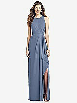 Front View Thumbnail - Larkspur Blue Sleeveless Chiffon Dress with Draped Front Slit