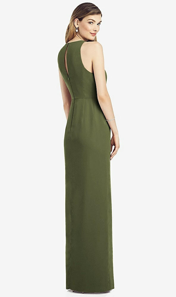 Back View - Olive Green Sleeveless Chiffon Dress with Draped Front Slit