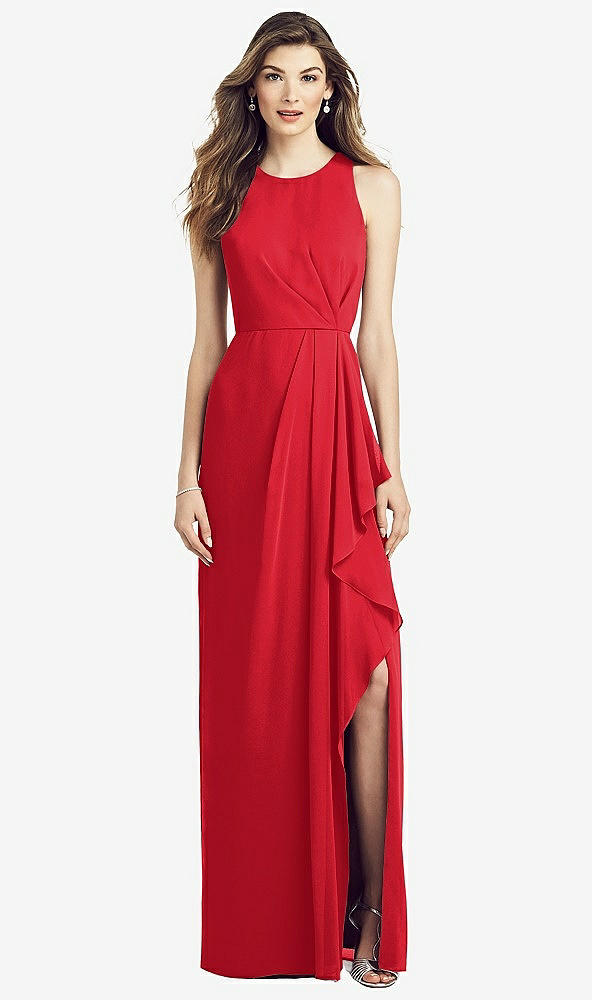 Front View - Parisian Red Sleeveless Chiffon Dress with Draped Front Slit