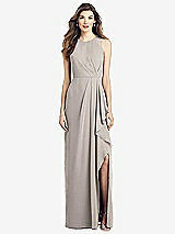 Front View Thumbnail - Taupe Sleeveless Chiffon Dress with Draped Front Slit
