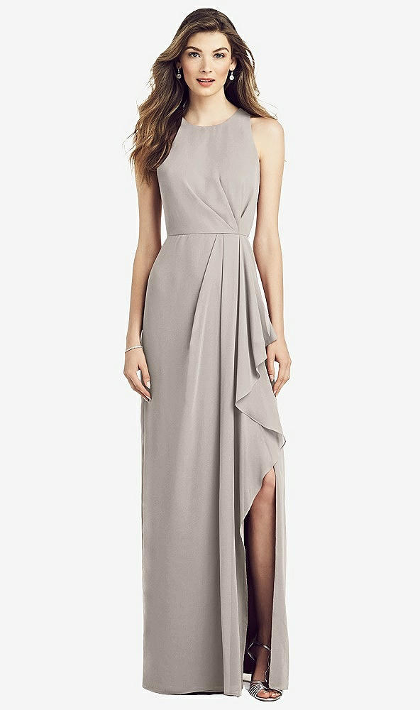 Front View - Taupe Sleeveless Chiffon Dress with Draped Front Slit