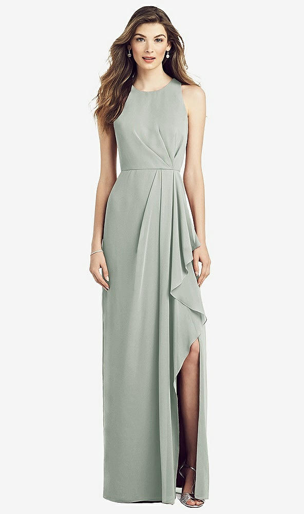 Front View - Willow Green Sleeveless Chiffon Dress with Draped Front Slit