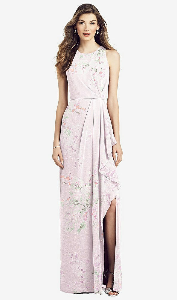 Front View - Watercolor Print Sleeveless Chiffon Dress with Draped Front Slit