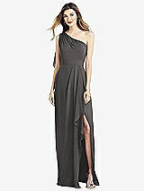Front View Thumbnail - Caviar Gray One-Shoulder Chiffon Dress with Draped Front Slit